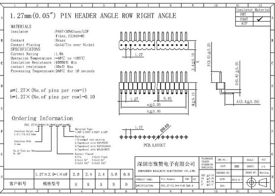 直角UL94V-0 1.27mmの単一の列ヘッダーのコネクターPA6T